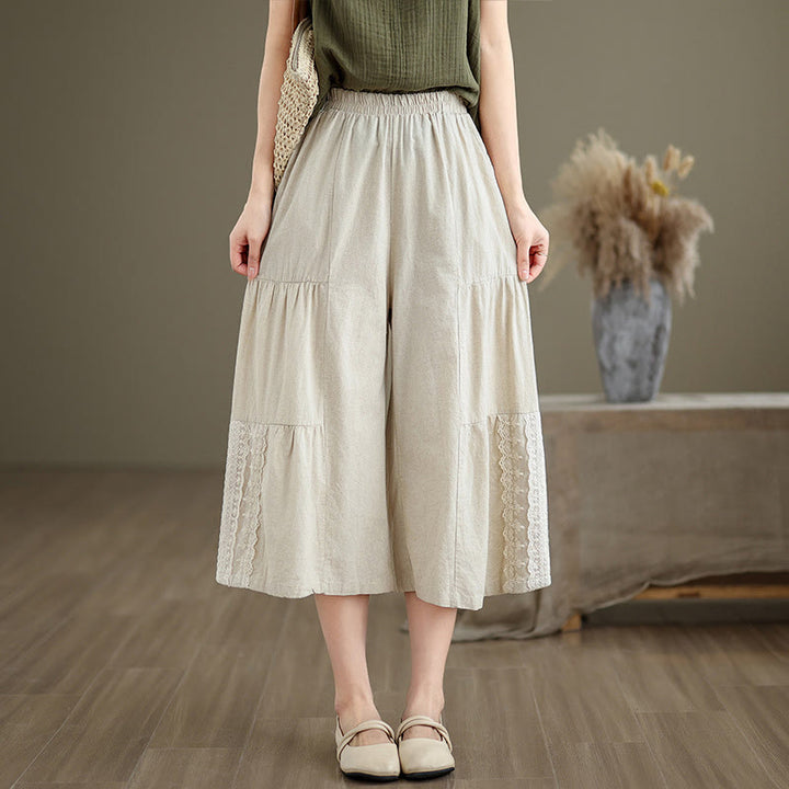 Buddha Stones Lässige, schlichte Baumwollhose mit Spitzeneinsatz, verkürztem Bein und Taschen für Damen - image 3