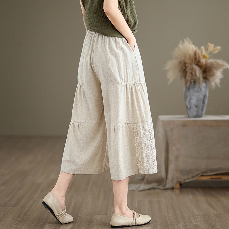 Buddha Stones Lässige, schlichte Baumwollhose mit Spitzeneinsatz, verkürztem Bein und Taschen für Damen - image 4
