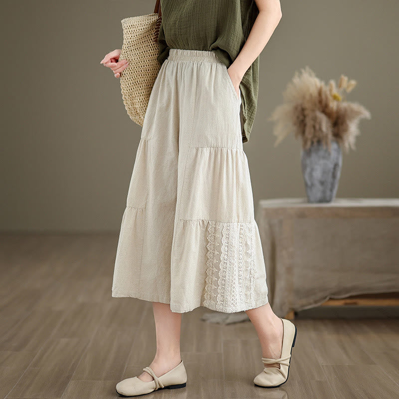 Buddha Stones Lässige, schlichte Baumwollhose mit Spitzeneinsatz, verkürztem Bein und Taschen für Damen - image 2
