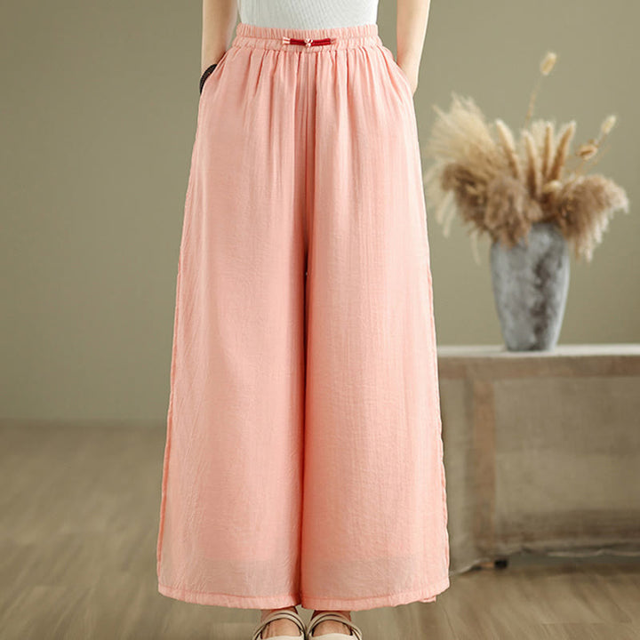 Buddha Stones Lässige Vintage-Hose mit seitlichem Schlitz am Saum, Baumwollleinen, weites Bein und Taschen für Damen