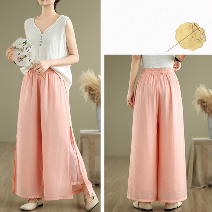 Buddha Stones Lässige Vintage-Hose mit seitlichem Schlitz am Saum, Baumwollleinen, weites Bein und Taschen für Damen