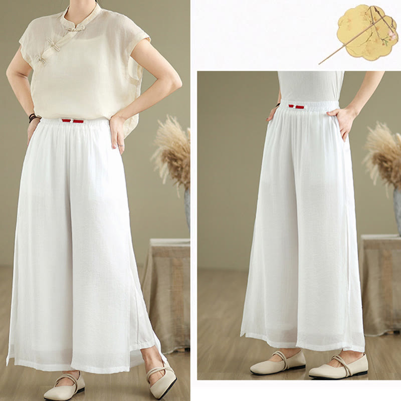 Buddha Stones Lässige Vintage-Hose mit seitlichem Schlitz am Saum, Baumwollleinen, weites Bein und Taschen für Damen