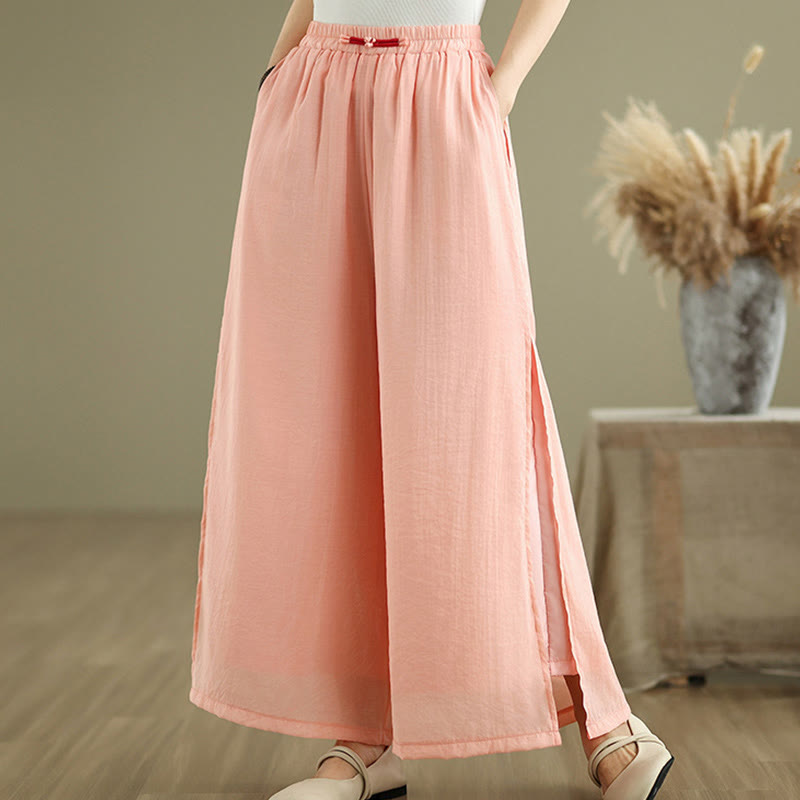 Buddha Stones Lässige Vintage-Hose mit seitlichem Schlitz am Saum, Baumwollleinen, weites Bein und Taschen für Damen