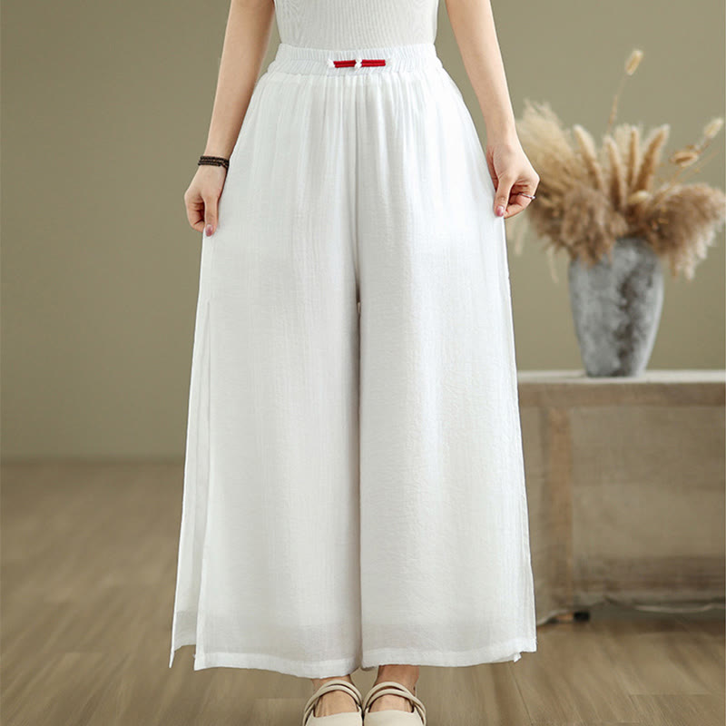 Buddha Stones Lässige Vintage-Hose mit seitlichem Schlitz am Saum, Baumwollleinen, weites Bein und Taschen für Damen