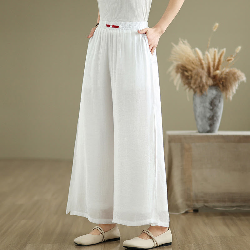Buddha Stones Lässige Vintage-Hose mit seitlichem Schlitz am Saum, Baumwollleinen, weites Bein und Taschen für Damen