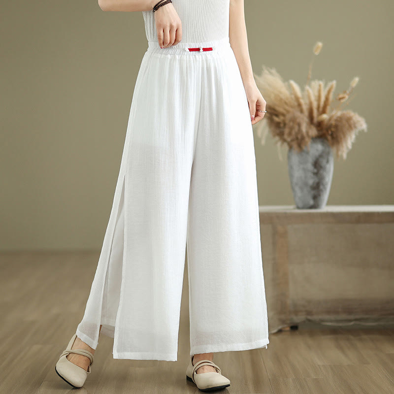 Buddha Stones Lässige Vintage-Hose mit seitlichem Schlitz am Saum, Baumwollleinen, weites Bein und Taschen für Damen