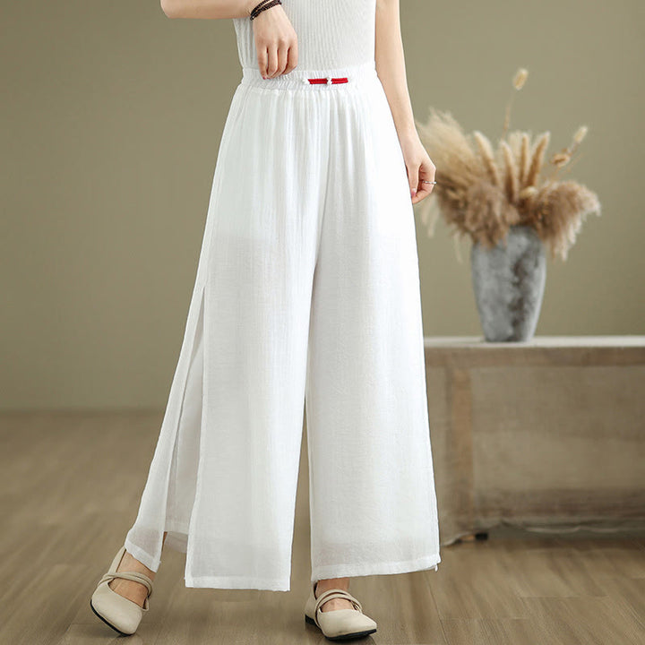 Buddha Stones Lässige Vintage-Hose mit seitlichem Schlitz am Saum, Baumwollleinen, weites Bein und Taschen für Damen