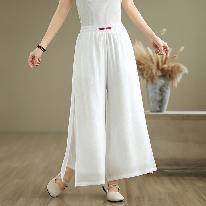 Buddha Stones Lässige Vintage-Hose mit seitlichem Schlitz am Saum, Baumwollleinen, weites Bein und Taschen für Damen
