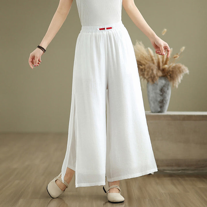 Buddha Stones Lässige Vintage-Hose mit seitlichem Schlitz am Saum, Baumwollleinen, weites Bein und Taschen für Damen
