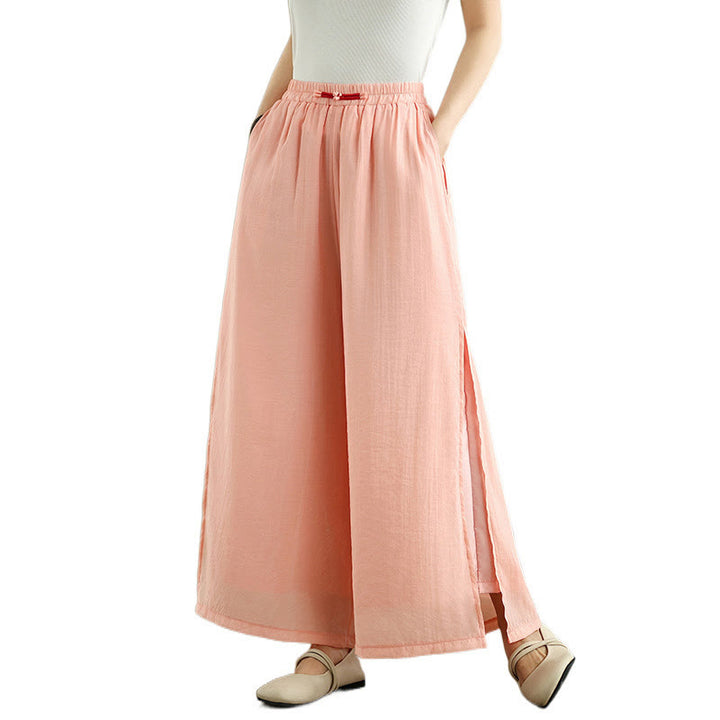 Buddha Stones Lässige Vintage-Hose mit seitlichem Schlitz am Saum, Baumwollleinen, weites Bein und Taschen für Damen
