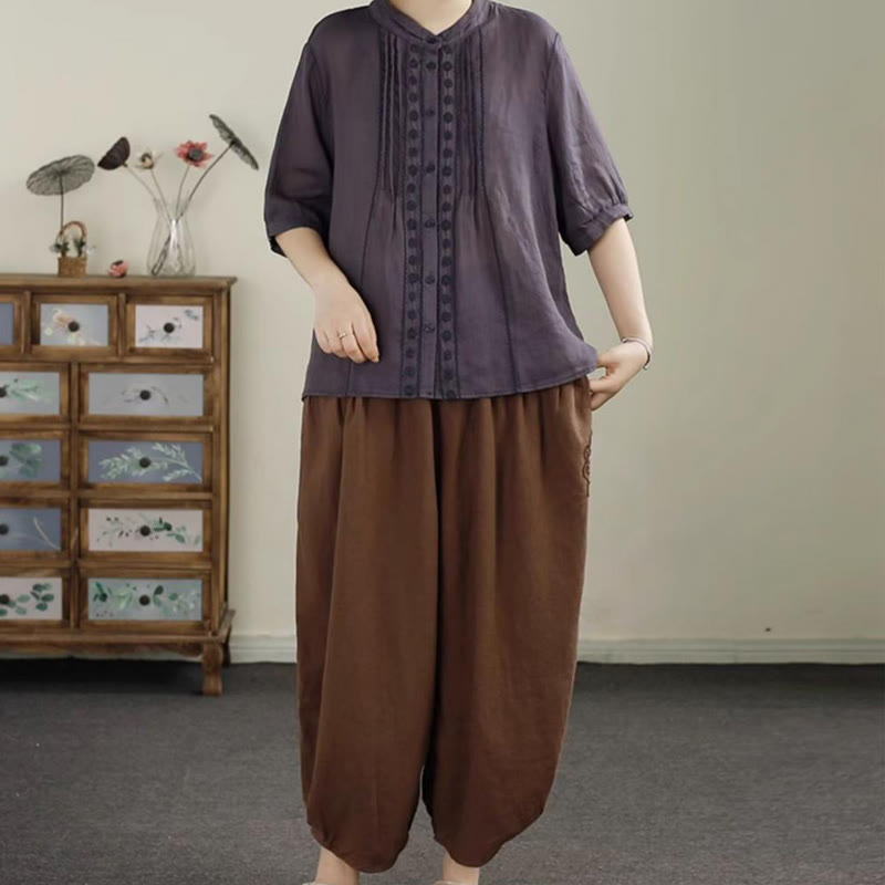 Buddha Stones Vintage Volltonfarbe Stickerei Baumwolle Leinen Damen 7-8 Länge Haremshose mit Taschen - image 17