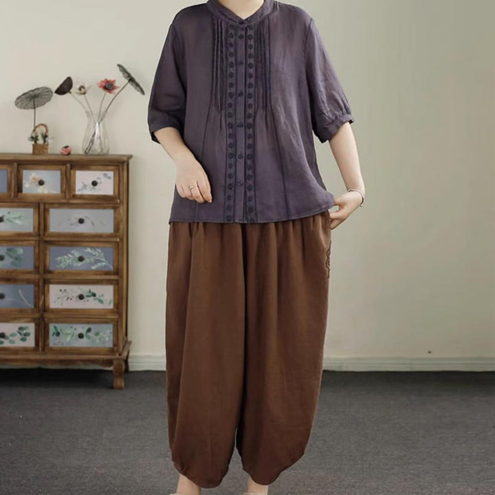 Buddha Stones Vintage Volltonfarbe Stickerei Baumwolle Leinen Damen 7-8 Länge Haremshose mit Taschen - image 17