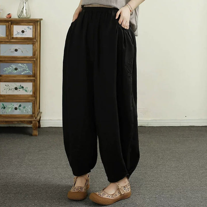 Buddha Stones Vintage Volltonfarbe Stickerei Baumwolle Leinen Damen 7-8 Länge Haremshose mit Taschen - Schwarz - US6, UK/AU10, EU38 (XL) - image 10
