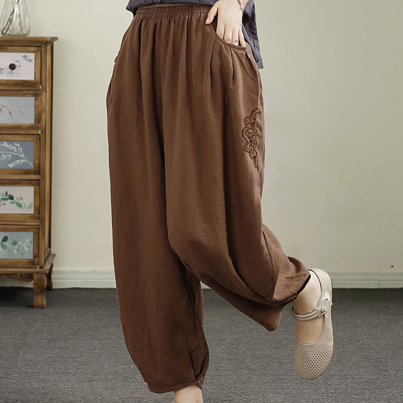 Buddha Stones Vintage Volltonfarbe Stickerei Baumwolle Leinen Damen 7-8 Länge Haremshose mit Taschen - image 15