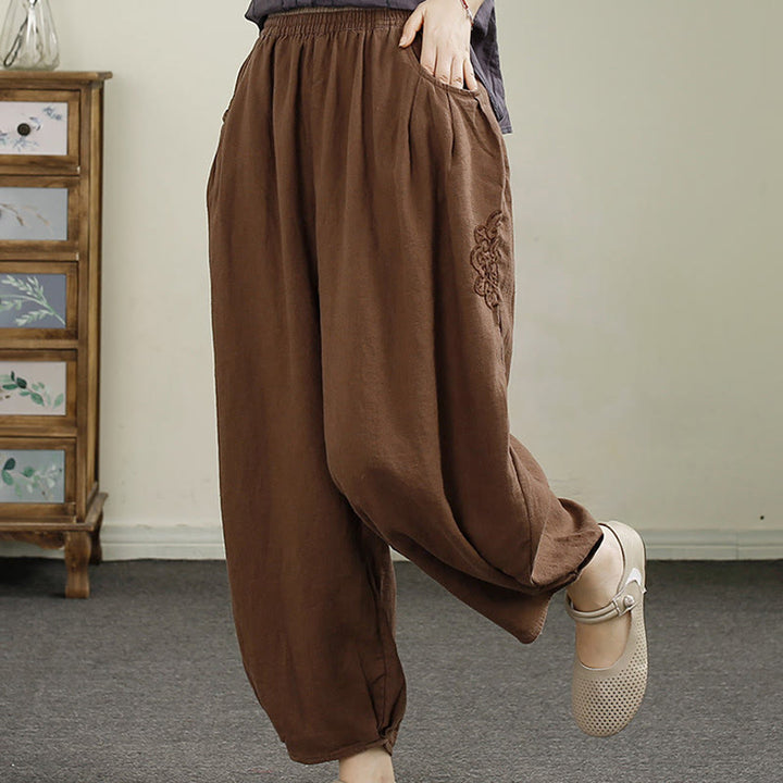 Buddha Stones Vintage Volltonfarbe Stickerei Baumwolle Leinen Damen 7-8 Länge Haremshose mit Taschen - image 15