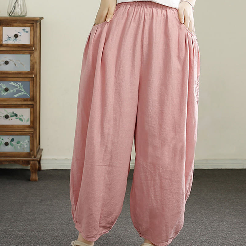 Buddha Stones Vintage Volltonfarbe Stickerei Baumwolle Leinen Damen 7-8 Länge Haremshose mit Taschen - image 19