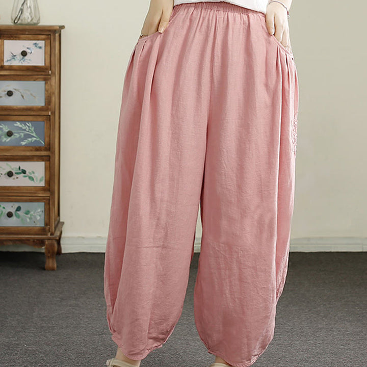 Buddha Stones Vintage Volltonfarbe Stickerei Baumwolle Leinen Damen 7-8 Länge Haremshose mit Taschen - image 19