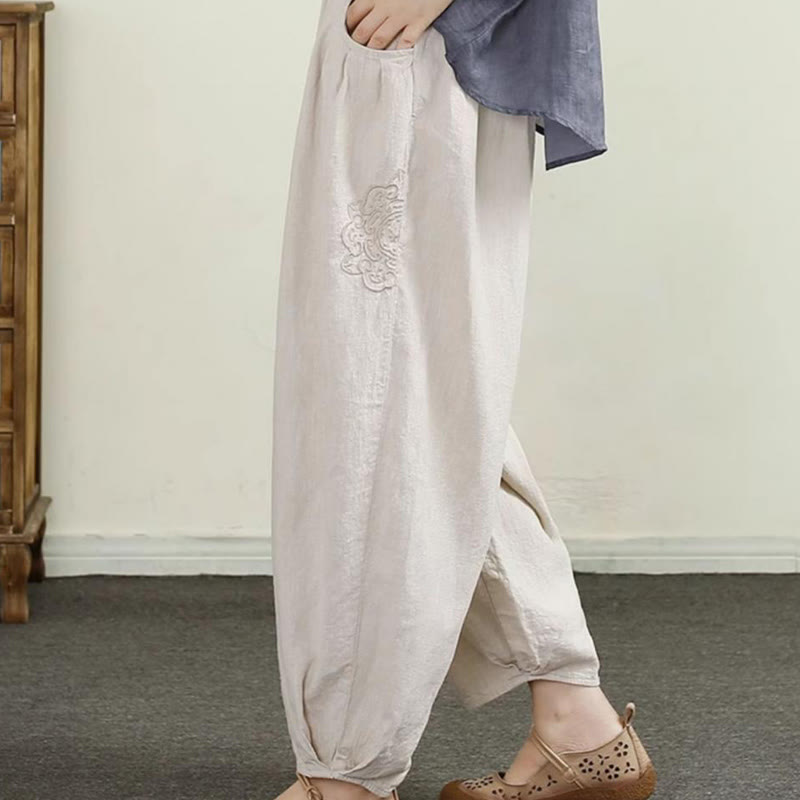 Buddha Stones Vintage Volltonfarbe Stickerei Baumwolle Leinen Damen 7-8 Länge Haremshose mit Taschen - image 1