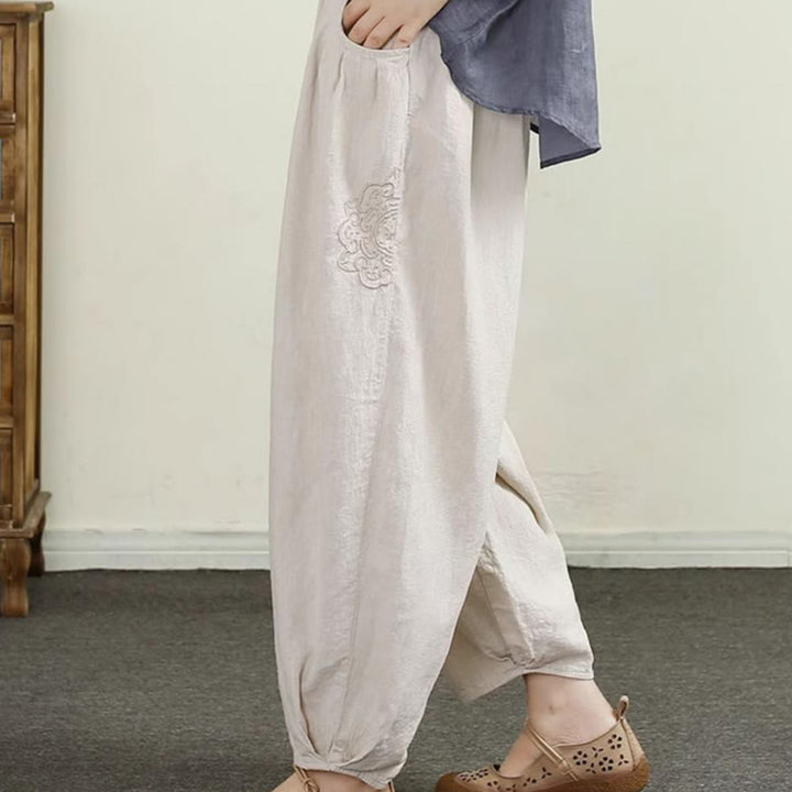 Buddha Stones Vintage Volltonfarbe Stickerei Baumwolle Leinen Damen 7-8 Länge Haremshose mit Taschen - image 1