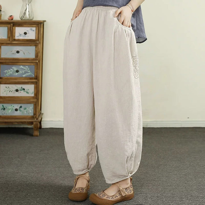 Buddha Stones Vintage Volltonfarbe Stickerei Baumwolle Leinen Damen 7-8 Länge Haremshose mit Taschen - Beige - US6, UK/AU10, EU38 (XL) - image 0