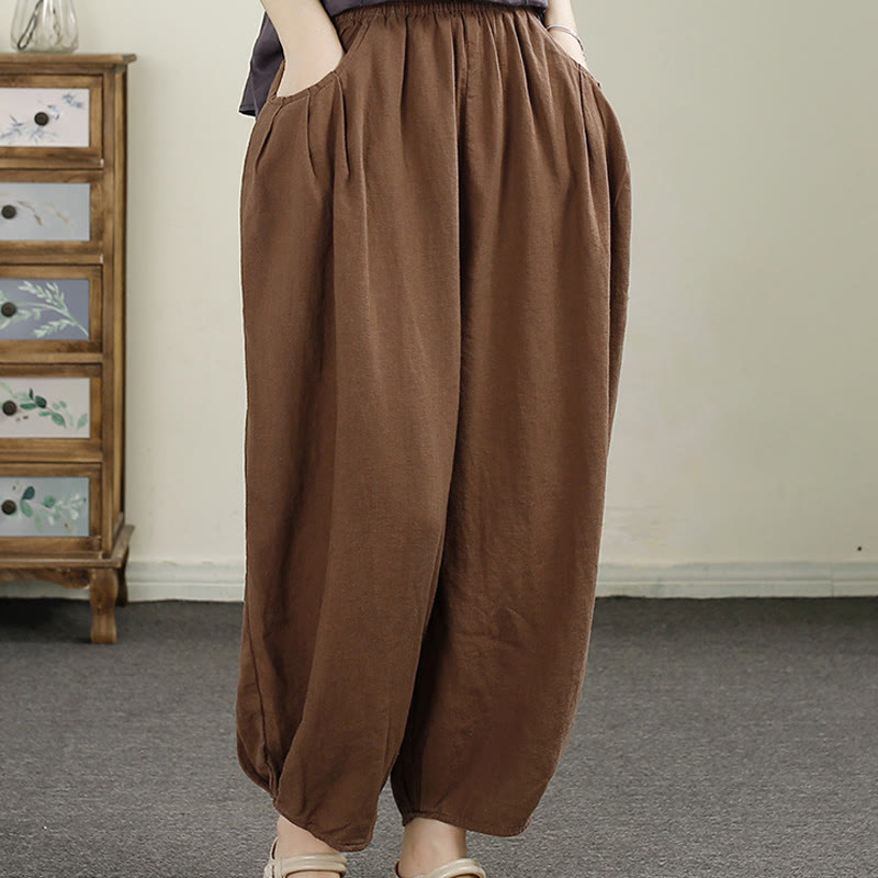 Buddha Stones Vintage Volltonfarbe Stickerei Baumwolle Leinen Damen 7-8 Länge Haremshose mit Taschen - image 16