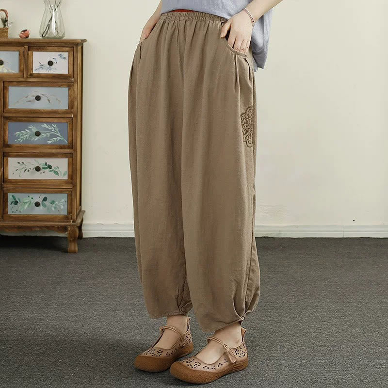 Buddha Stones Vintage Volltonfarbe Stickerei Baumwolle Leinen Damen 7-8 Länge Haremshose mit Taschen - Bräunen - US6, UK/AU10, EU38 (XL) - image 12
