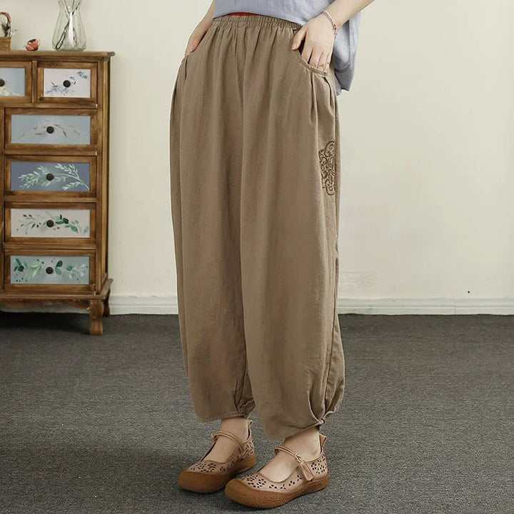 Buddha Stones Vintage Volltonfarbe Stickerei Baumwolle Leinen Damen 7-8 Länge Haremshose mit Taschen - Bräunen - US6, UK/AU10, EU38 (XL) - image 12