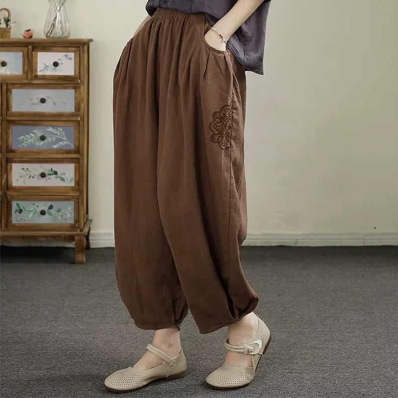 Buddha Stones Vintage Volltonfarbe Stickerei Baumwolle Leinen Damen 7-8 Länge Haremshose mit Taschen - Sienna - US6, UK/AU10, EU38 (XL) - image 14