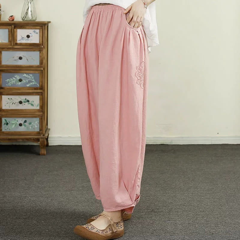 Buddha Stones Vintage Volltonfarbe Stickerei Baumwolle Leinen Damen 7-8 Länge Haremshose mit Taschen - Hellrosa - US6, UK/AU10, EU38 (XL) - image 18
