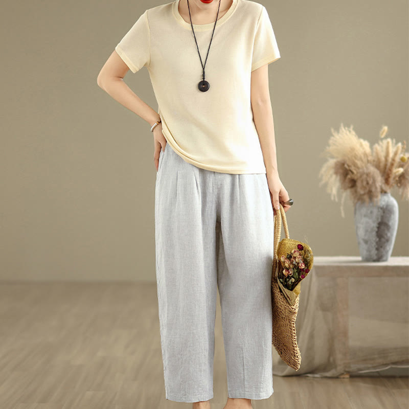 Buddha Stones Lässige Sommer-Haremshose aus Baumwolle und Leinen mit hoher Taille und Taschen für Damen