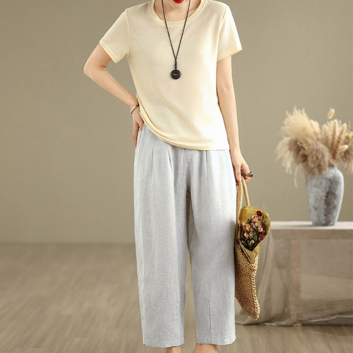 Buddha Stones Lässige Sommer-Haremshose aus Baumwolle und Leinen mit hoher Taille und Taschen für Damen