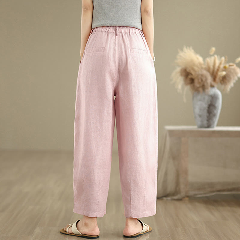 Buddha Stones Lässige Sommer-Haremshose aus Baumwolle und Leinen mit hoher Taille und Taschen für Damen
