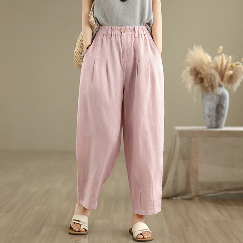 Buddha Stones Lässige Sommer-Haremshose aus Baumwolle und Leinen mit hoher Taille und Taschen für Damen