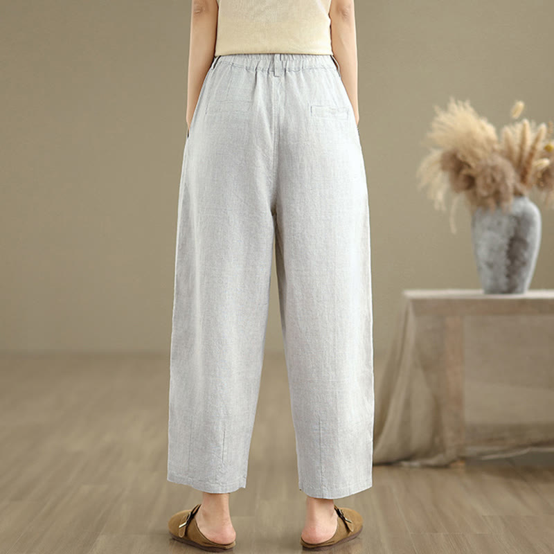 Buddha Stones Lässige Sommer-Haremshose aus Baumwolle und Leinen mit hoher Taille und Taschen für Damen