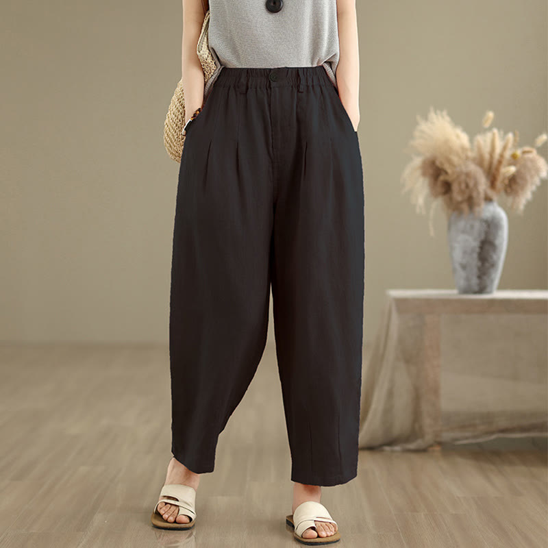 Buddha Stones Lässige Sommer-Haremshose aus Baumwolle und Leinen mit hoher Taille und Taschen für Damen