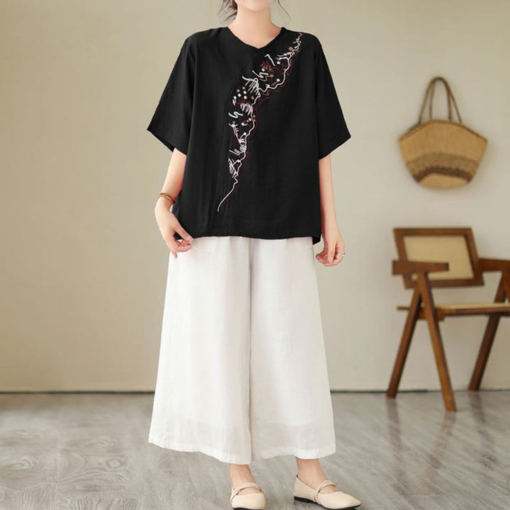 Buddha Stones Ethnic Casual Besticktes Geometriemuster Damen Rundhals-Design Halbarm-T-Shirt - image 9
