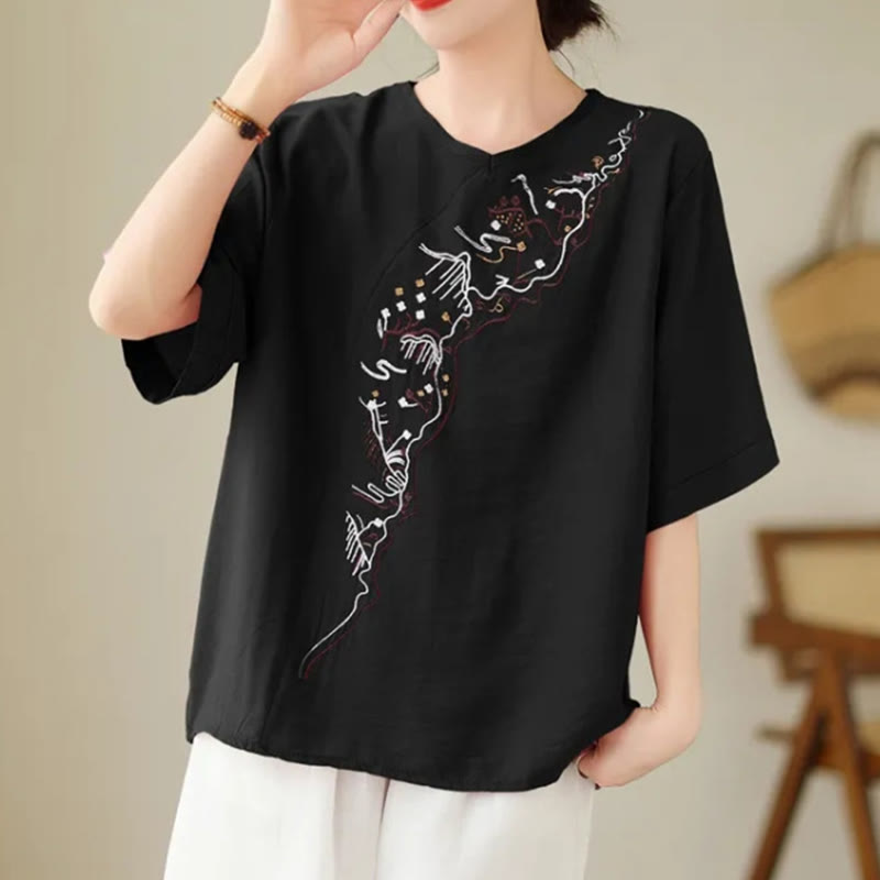 Buddha Stones Ethnic Casual Besticktes Geometriemuster Damen Rundhals-Design Halbarm-T-Shirt - Schwarz - US14， UK/AU18，EU46 (4XL) - image 8