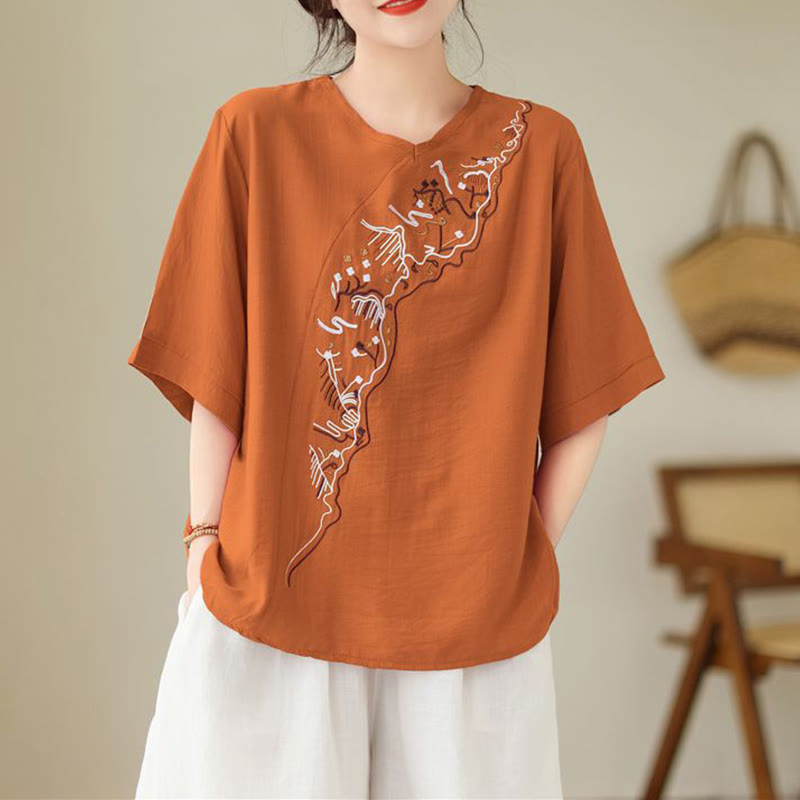 Buddha Stones Ethnic Casual Besticktes Geometriemuster Damen Rundhals-Design Halbarm-T-Shirt - image 7