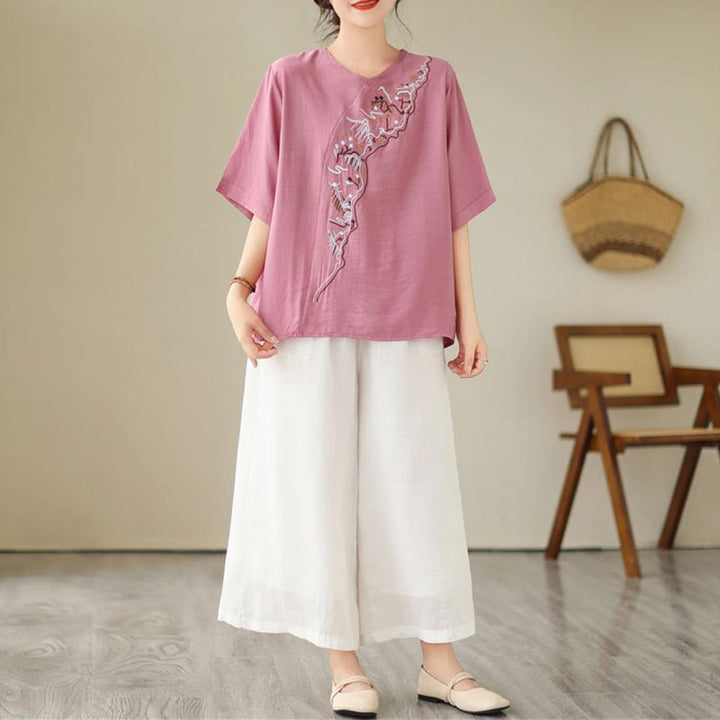 Buddha Stones Ethnic Casual Besticktes Geometriemuster Damen Rundhals-Design Halbarm-T-Shirt - image 5