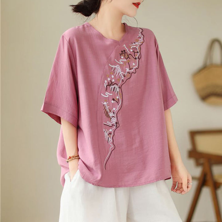 Buddha Stones Ethnic Casual Besticktes Geometriemuster Damen Rundhals-Design Halbarm-T-Shirt - image 3