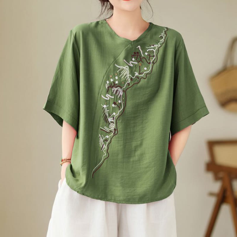 Buddha Stones Ethnic Casual Besticktes Geometriemuster Damen Rundhals-Design Halbarm-T-Shirt - WaldGrün - US14， UK/AU18，EU46 (4XL) - image 0