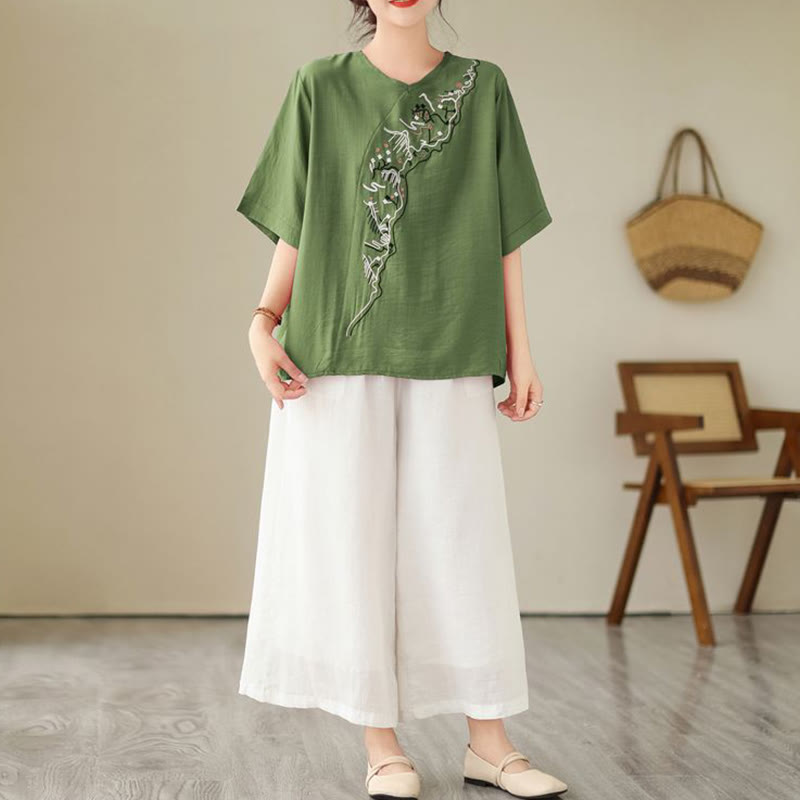 Buddha Stones Ethnic Casual Besticktes Geometriemuster Damen Rundhals-Design Halbarm-T-Shirt - image 1