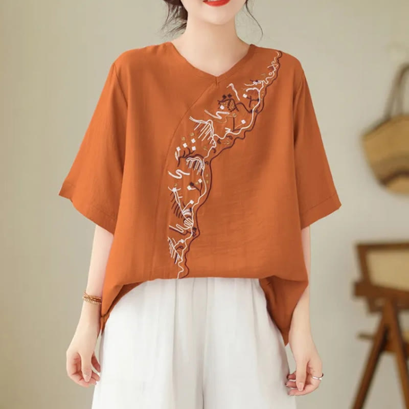 Buddha Stones Ethnic Casual Besticktes Geometriemuster Damen Rundhals-Design Halbarm-T-Shirt - Dunkelorange - US14, UK/AU18, EU46 (4XL) - image 6