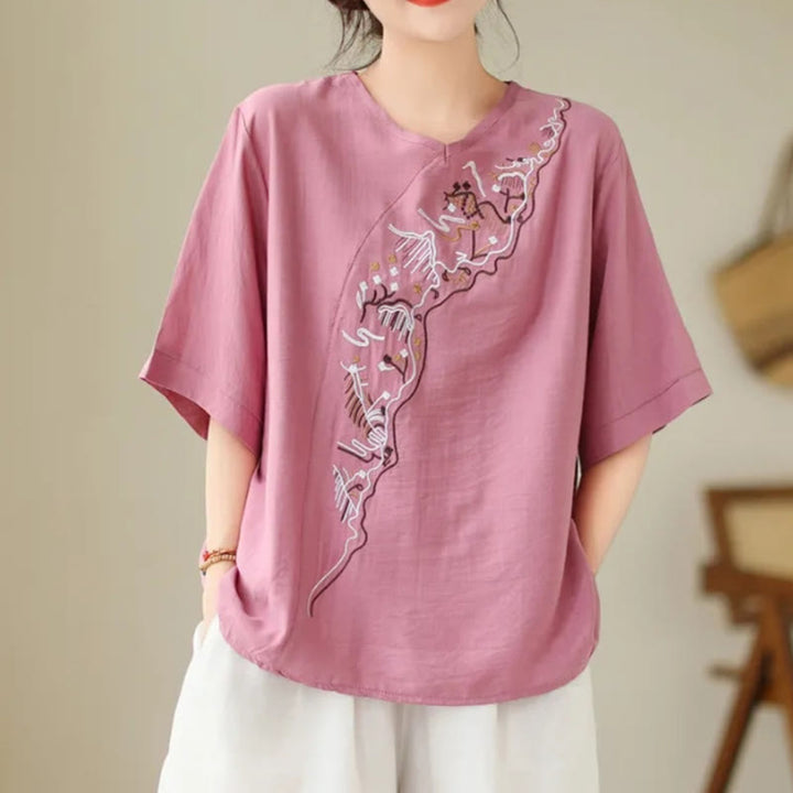 Buddha Stones Ethnic Casual Besticktes Geometriemuster Damen Rundhals-Design Halbarm-T-Shirt - Knallpink - US14, UK/AU18, EU46 (4XL) - image 2