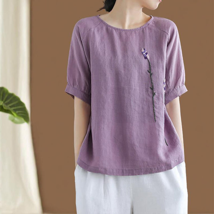 Buddha Stones Sommer Vintage Besticktes Blumenmuster Damen Rundhals-Design Baumwoll-Leinen-T-Shirt - Mittelgroße Orchidee - US 8-10, UK/AU 12-14, EU 40-42 (2XL) - image 0