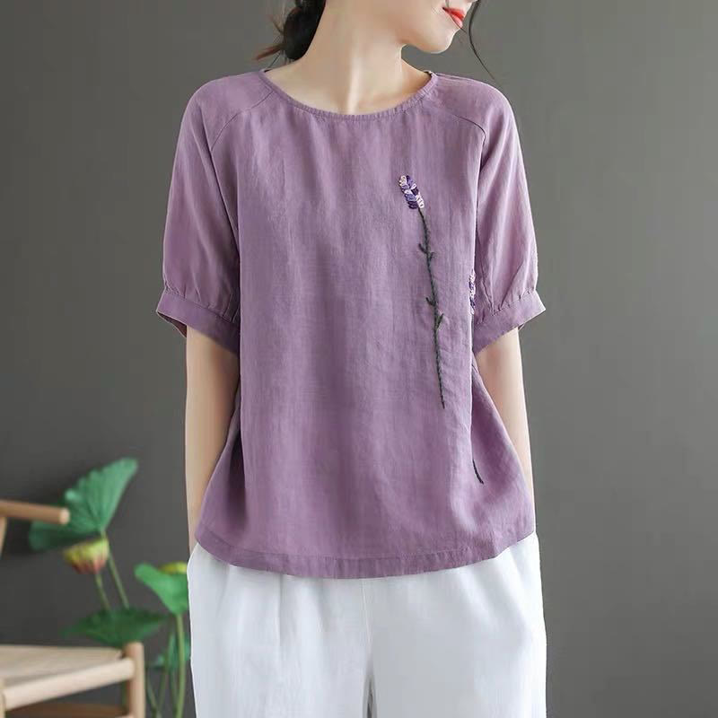Buddha Stones Sommer Vintage Besticktes Blumenmuster Damen Rundhals-Design Baumwoll-Leinen-T-Shirt - image 2