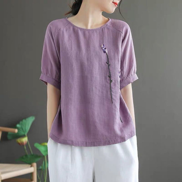 Buddha Stones Sommer Vintage Besticktes Blumenmuster Damen Rundhals-Design Baumwoll-Leinen-T-Shirt - image 2