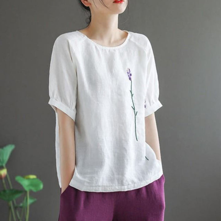 Buddha Stones Sommer Vintage Besticktes Blumenmuster Damen Rundhals-Design Baumwoll-Leinen-T-Shirt - image 14