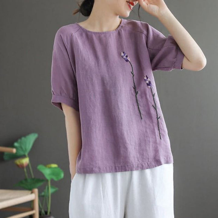 Buddha Stones Sommer Vintage Besticktes Blumenmuster Damen Rundhals-Design Baumwoll-Leinen-T-Shirt - image 4