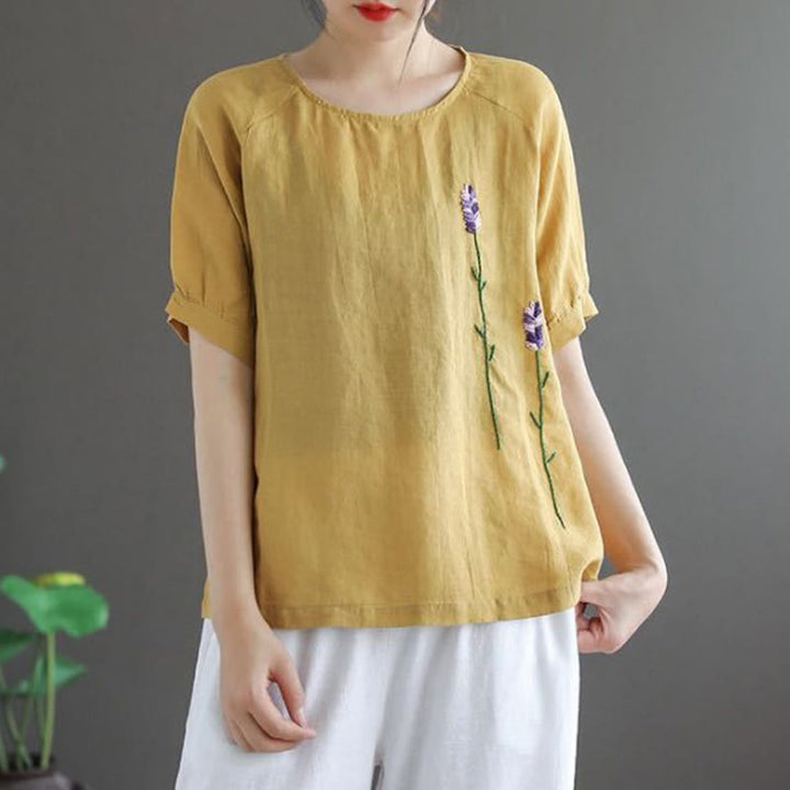 Buddha Stones Sommer Vintage Besticktes Blumenmuster Damen Rundhals-Design Baumwoll-Leinen-T-Shirt - image 7